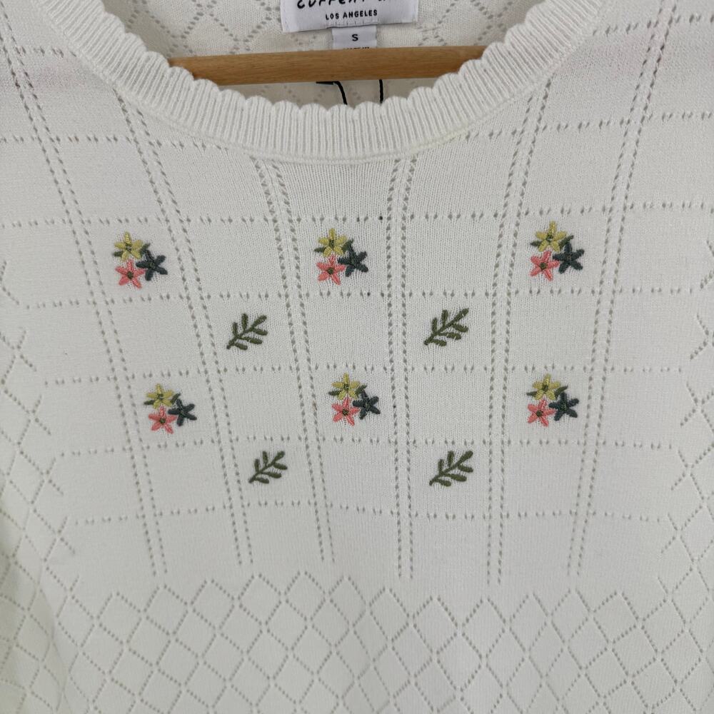 Current Air NWT Pointelle Knit Short Sleeve Sweater Floral Embroidery Small - Picture 4 of 9